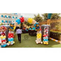 Guests are greeted by their favorite characters right from the entrance. This image shows the full scope of the welcome decor, setting the stage for an action-packed party.