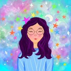 A slightly brighter version of my dreamy girl illustration. The vibrant pastel colors and sparkling stars represent the beautiful universe that exists within our minds.