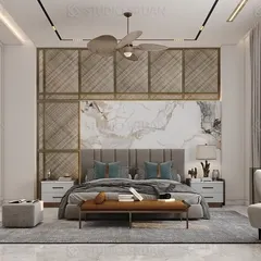 A complete view of the master suite, showing the seamless integration of the sleeping area, a cozy window seat, and extensive built-in wardrobes. The cohesive design creates a tranquil and organized environment.