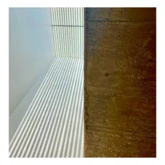 The dynamic play of sunlight through a skylight creates moving patterns on a wall, contrasting with the static, rough texture of a board-formed concrete surface. This is from our "Colour Splash House" project.