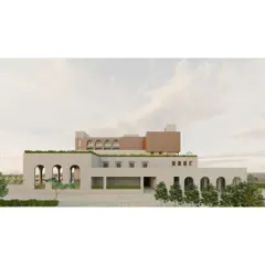 A conceptual render for a large-scale institutional or hospitality project. The design explores a monumental language of arches and stacked volumes, creating a powerful and rhythmic facade.