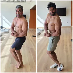 I'm a second-generation bodybuilder, posing here with my dad. He competed in the 70s and still trains at 73. This is more than a job for me; it's a family legacy of discipline and strength.