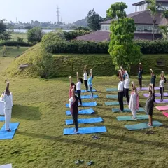 A wider view of our International Yoga Day celebration. The collective energy of a group practicing together in such a serene environment is powerful and uplifting.