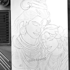 The initial outline sketch for my popular Shiva and Parvati artwork. Every detailed color portrait begins with a carefully drawn graphite foundation like this one.