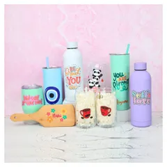 A collection of our personalized drinkware, including "Self Love" and "Be Proud" bottles, a panda-themed glass, an evil eye tumbler, and custom coffee glasses.