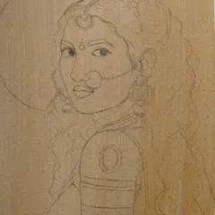 The very first step: the pencil outline on canvas. This is the foundation for my Maa Durga painting, ensuring all the proportions and details are perfect before I begin to add color.
