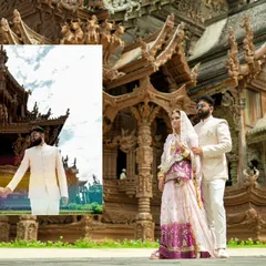 For couples who dream of an international pre-wedding shoot, I travel to capture love in the most stunning locations, like this majestic temple in Thailand.