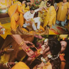 A collage showing both the bride and groom during their individual Haldi ceremonies, a beautiful tradition of being blessed by family.