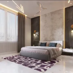 This bedroom showcases a sophisticated concrete-textured wallpaper, providing an industrial-chic accent wall that contrasts beautifully with the soft furnishings.