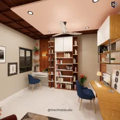 This study space is designed for two, with separate workstations to ensure focus. I included extensive built-in bookshelves for storage and used a mix of wood tones and blue chairs to create a comfortable and organized room.