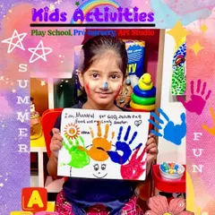 This photo captures a moment of gratitude and creativity during our summer fun sessions. The student created a beautiful handprint painting, expressing thanks for her family and teacher. It’s a wonderful example of how art can be a tool for emotional expression.