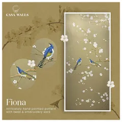 The 'Fiona' panel is inspired by the season of autumn. This design is meticulously hand-painted and adorned with beadwork and embroidery to capture the elegance of birds on a branch, merging nature with art.