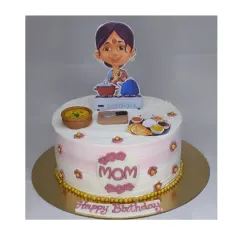 A cake for the best Mom, celebrating her love for cooking. This custom eggless chocolate roasted almond cake features fondant toppers of Indian dishes and a kitchen setup.