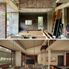 **Of Courtyards and Corners, Ahmedabad:** This image contrasts the rendered vision for the interior living space with the raw construction shell. It gives a glimpse into the transformation that will occur as we move towards finishing the project.