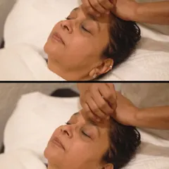A close-up of a therapeutic facial massage in progress. My hands work to release tension in the facial muscles, promoting relaxation and boosting blood flow. This manual technique is essential for achieving a lifted, refreshed appearance.