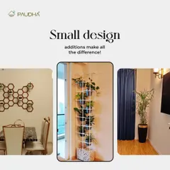 Small design additions can make all the difference. This image shows three examples: a honeycomb wall shelf for succulents, a tall corner planter rack, and a simple floor planter, each adding a unique touch of green.