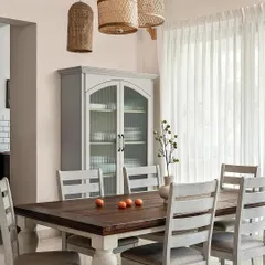 A shot from the India Today Home feature of my 'Under the Sun' project. This image showcases the dining area with its vintage-style crockery unit and beautiful wicker pendant lights.
