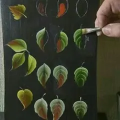A guide to decorative painting, this image shows the step-by-step process of creating realistic leaves with specific brushstrokes.