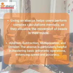 This image explains how visualizing the abacus beads helps children perform complex mental calculations. It's a core technique we teach for mastering addition, subtraction, multiplication, and division with speed and accuracy.