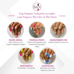 We teach you how to create the trendiest looks your clients will love. This guide shows some of the popular summer nail art styles we cover, including pastel swirls, tropical prints, and neon brights.