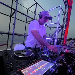 A closer look at my setup during the beachside sundowner event. You can see the professional Pioneer DJ gear and the intricate lighting rig, proving that I bring a full-scale production to any location.