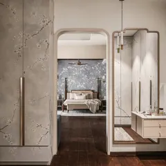 A stunning example of artistry in the home. This walk-in closet features custom, hand-painted wardrobe shutters depicting delicate cherry blossoms, seamlessly connecting the dressing area to the master bedroom's serene theme.