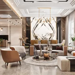 A 3D visualization of a large, open-plan living and dining area. This render showcases a cohesive design with a book-matched marble feature wall, contemporary furniture, and a unified color palette.