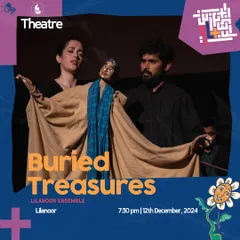 The official poster for a 'Buried Treasures' performance, showcasing the central role of puppetry in our theatrical storytelling. This show is an all-ages experience that blends Indian and European traditions.