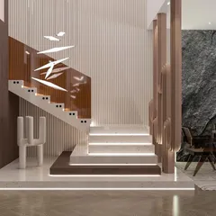 A staircase is more than just a functional element; it's a central feature of a home's interior architecture. This custom-designed staircase combines illuminated marble steps with a unique, artistic wood and glass railing, serving as a sculptural focal point in the residence.