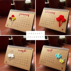 A look at the first four months of my crochet calendar, featuring balloons, hearts, a cute character, and butterflies. It's a delightful way to mark the passing of time.