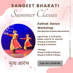 Our summer Kathak workshop is designed as an introduction to basic movements for ages 6 to 16. This image provides all the details for our 'Nritya Aarambh' sessions, where students explore taatkaar, hastaks, and taal.