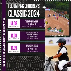 The schedule for the final day of competition at the FEI Jumping Children's Classic 2024, featuring the second round of the Bronze, Silver, and Gold Tours.