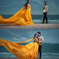 This vibrant yellow gown is perfect for a beach or outdoor photoshoot. The lightweight fabric flows beautifully, creating a dreamy and romantic effect for your pictures.