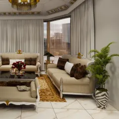 A closer look at the seating area in a classically inspired living room, featuring plush beige sofas, a dark glass coffee table, and a traditional patterned rug. The large window provides ample natural light, enhancing the room's warm and inviting ambiance.
