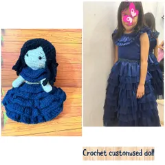 This is another example of how I turn your photos into precious keepsakes. I crocheted this doll to match the little girl's beautiful blue ruffled party dress, creating a mini-me she can cherish forever.