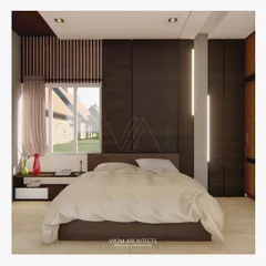 A master bedroom featuring a dark wood-paneled wall with integrated vertical lighting. The design creates a warm, sophisticated, and restful ambiance, perfect for a private sanctuary.