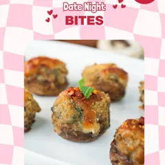 Date night bites to make your evening delicious. These cheesy stuffed mushrooms are a perfect start to a romantic meal.