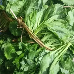 A bundle of leafy greens, likely a variety of local spinach or mustard. These are used to make simple, healthy side dishes.
