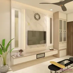 This 3D render shows a TV unit design that combines classic and modern elements. The floating console provides a light, airy feel, while the marble-finish back panel and traditional wall molding add a touch of elegance.