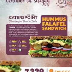The Hummus Falafel Sandwich is a Mediterranean dream. We layer baked falafel, smooth hummus, and fresh veggies like cucumber and tomato on multigrain bread, giving you 21.5 grams of protein in a delicious, plant-based package.