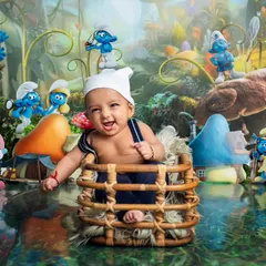 Welcome to the Smurf village. This shot shows how we bring imaginative ideas to life with our creative themed photoshoots, creating a magical world for your little one.