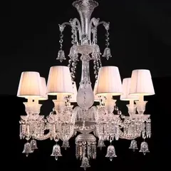 Inspired by the iconic Baccarat design, this 8-light crystal chandelier features elegant lampshades. It combines the grandeur of classic crystal with the softness of shaded light, embodying grace and sophistication.