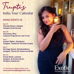 My India Tour Calendar from a busy season. I believe in pursuing what you love with passion, and my packed schedule of hosting Sangeets, corporate events, and cultural programs across the country is a result of that belief.