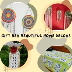 A collage of our beautiful home decor items. This includes colorful mandala wall hangings, macramé art, a crochet vase cover, and a bedspread with a delicate crochet lace border.