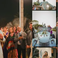 A collage capturing the essence of the Baraat, from the groom's arrival in a vintage car to the dancing and celebration with family.