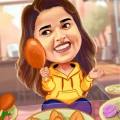 A fun birthday caricature for a foodie! The background is filled with her favorite snacks like samosas and chicken, making it a super personalized and funny gift.