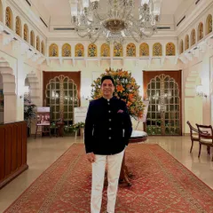 Dressed for an elegant evening at The Oberoi Sukhvilas. The luxurious and grand interiors of this property provide a stunning setting for a sophisticated wedding event.