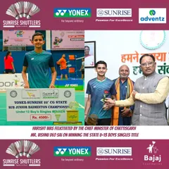 Celebrating Harshit Malik, our U-13 Boys' Singles state champion, being felicitated by the Chief Minister of Chhattisgarh. This recognition reflects the high caliber of our athletes' achievements.
