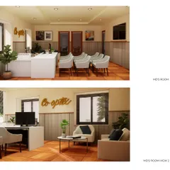 Renderings of the MD's room for the Co-optex office. The design incorporates wainscoting with pleated fabric panels and a warm, professional color palette to create a space that is both authoritative and representative of the brand's textile heritage.