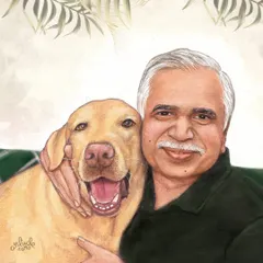 We create timeless portraits that capture the special bond between people and their pets. This detailed handmade portrait of a man and his dog is a heartwarming piece of memory.